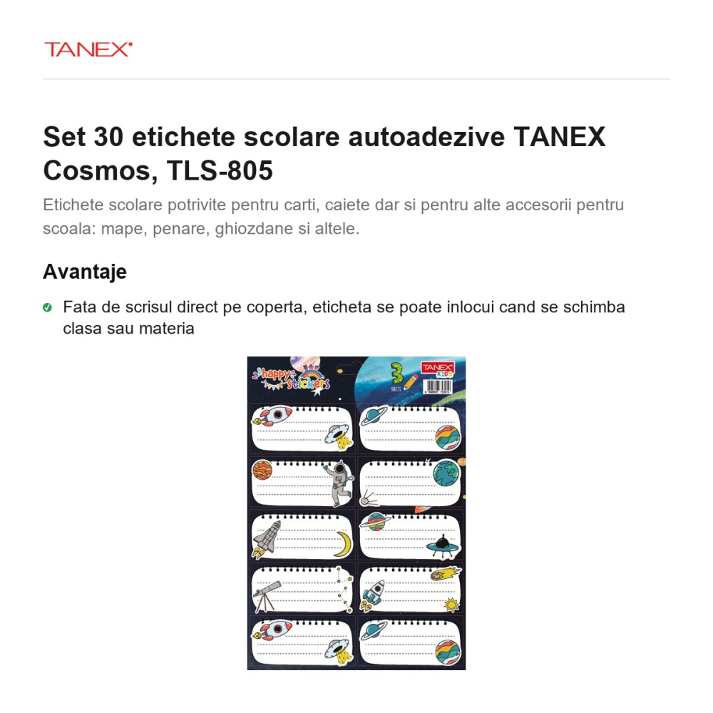 Set 30 etichete scolare autoadezive TANEX Cosmos, TLS-805 [2]