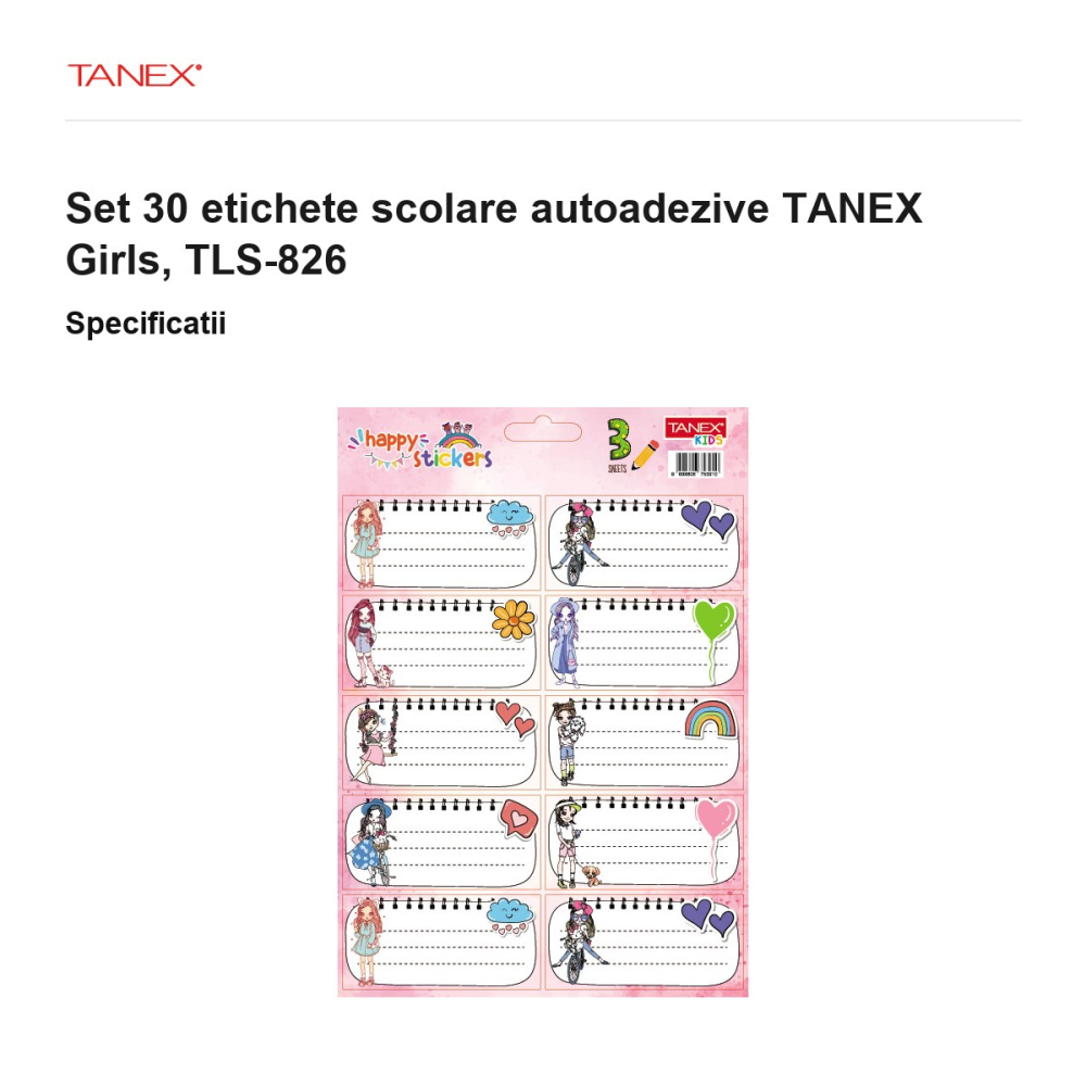 Set 30 etichete scolare autoadezive TANEX Girls, TLS-826 [3]