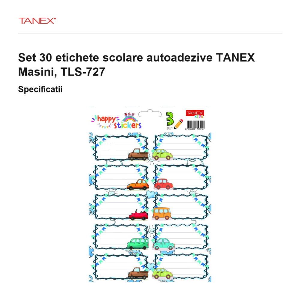 Set 30 etichete scolare autoadezive TANEX Masini, TLS-727 [3]