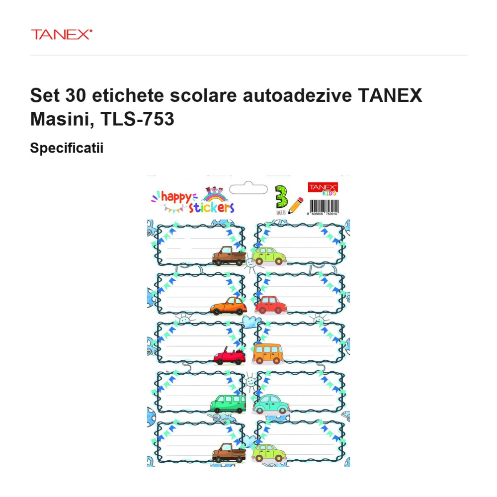 Set 30 etichete scolare autoadezive TANEX Masini, TLS-753 [3]