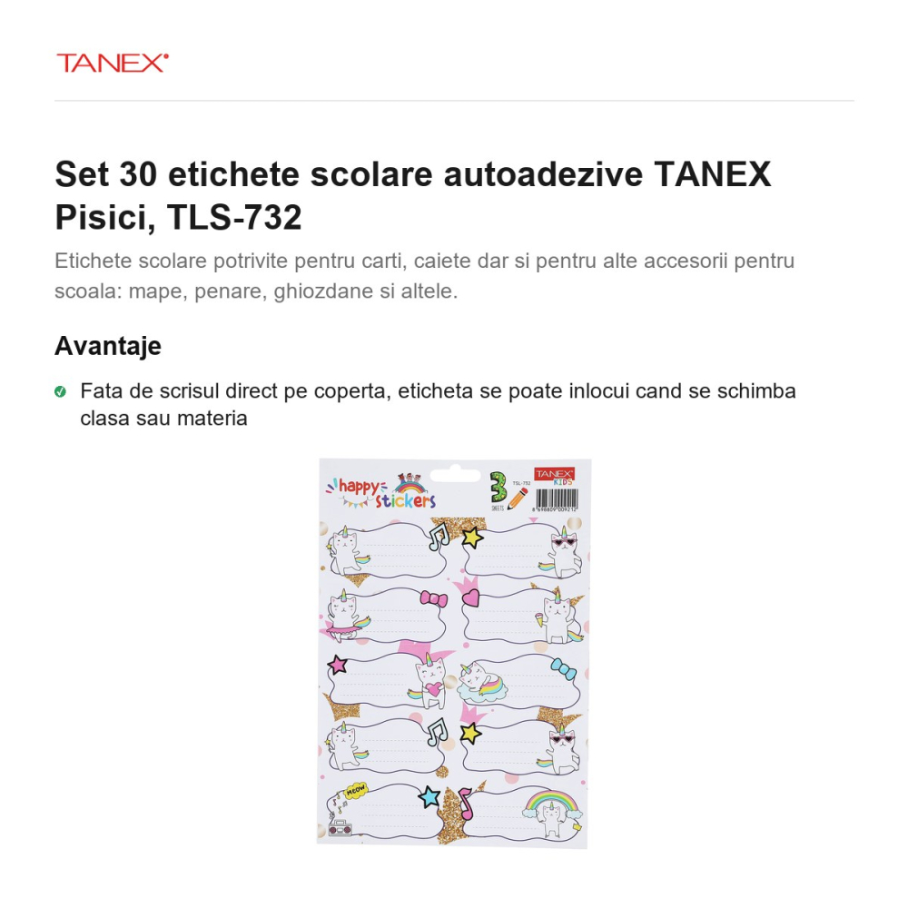 Set 30 etichete scolare autoadezive TANEX Pisici, TLS-732 [2]