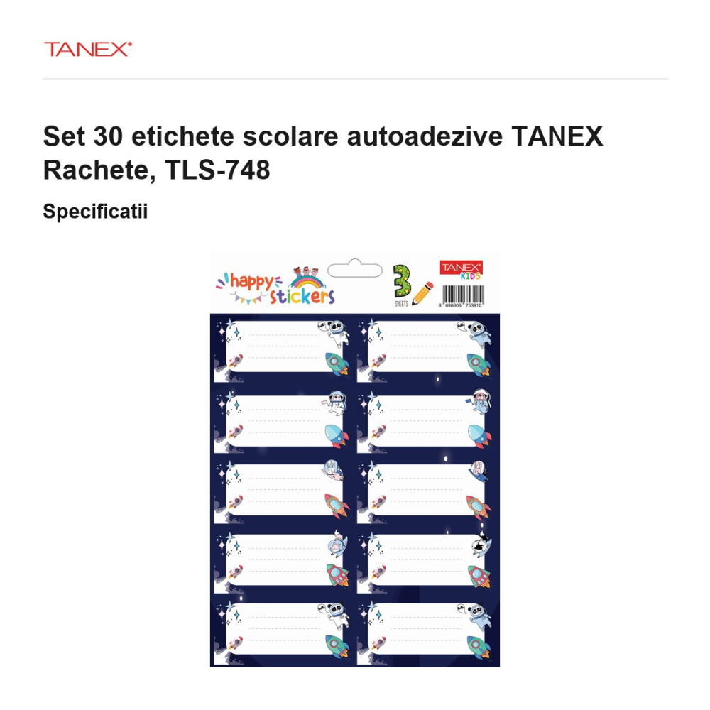 Set 30 etichete scolare autoadezive TANEX Rachete, TLS-748 [3]