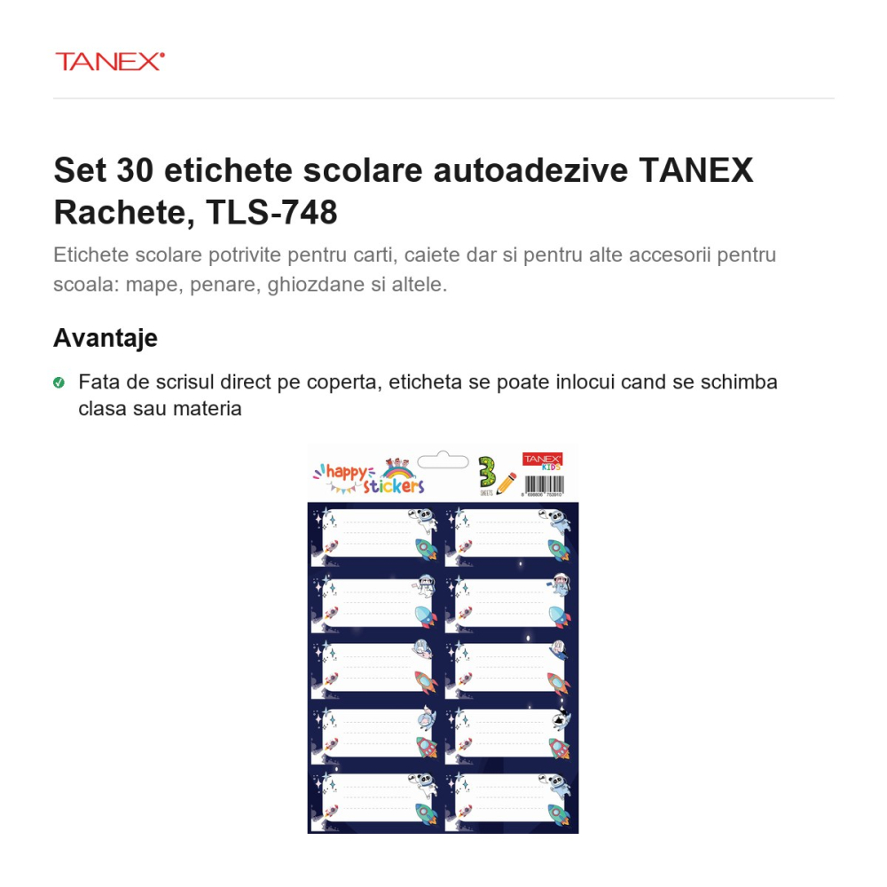 Set 30 etichete scolare autoadezive TANEX Rachete, TLS-748 [2]