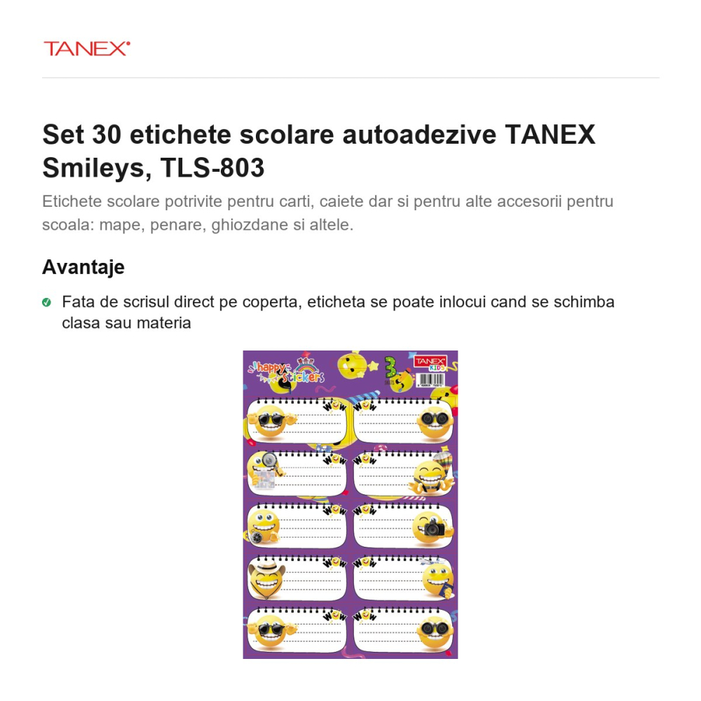 Set 30 etichete scolare autoadezive TANEX Smileys, TLS-803 [2]