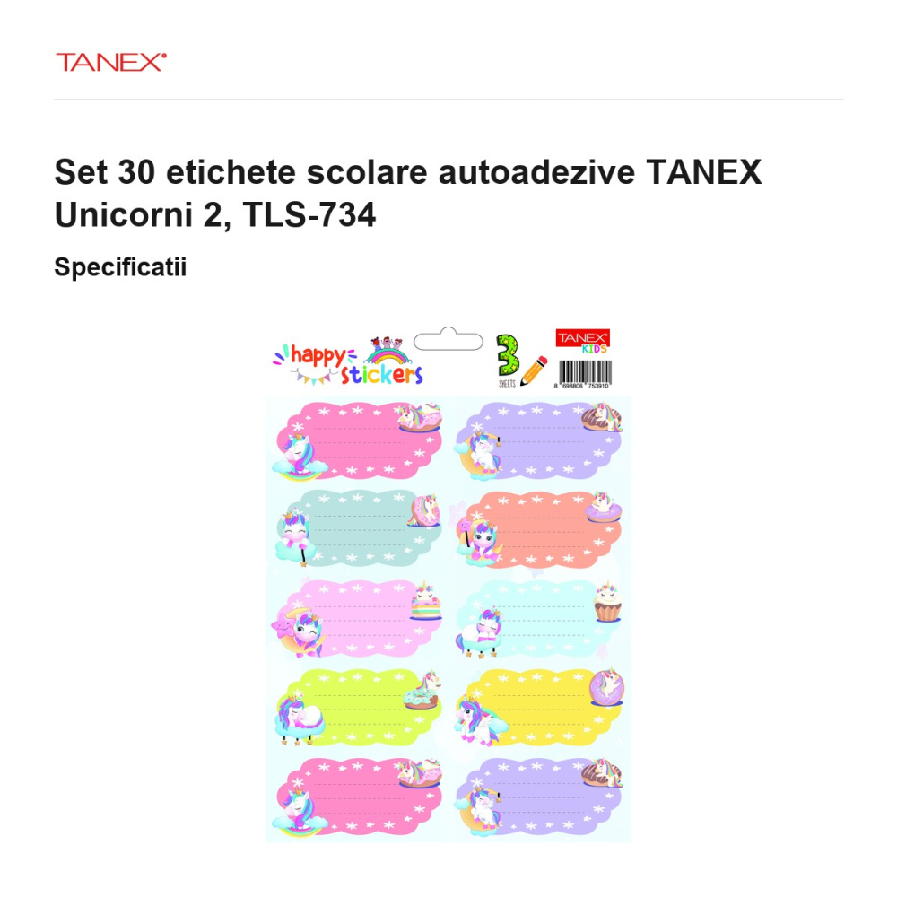 Set 30 etichete scolare autoadezive TANEX Unicorni 2, TLS-734 [3]