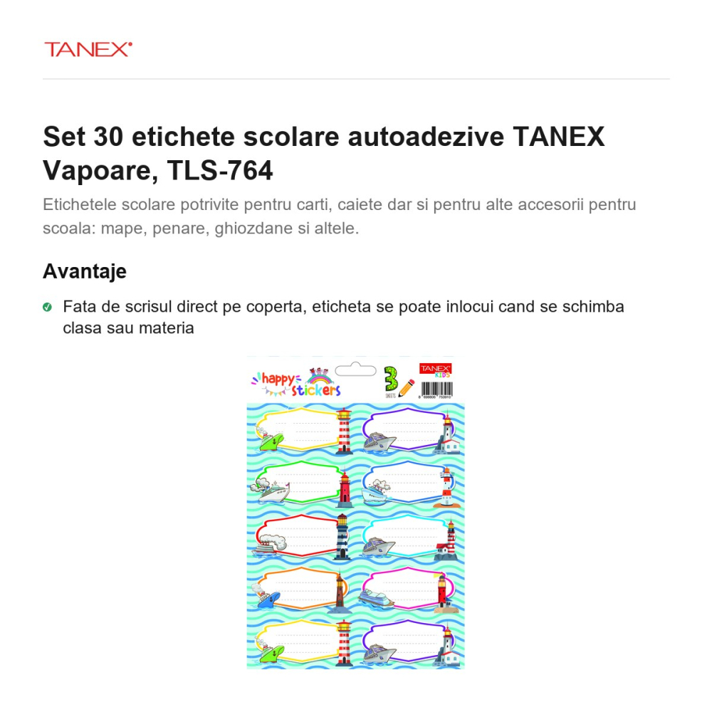 Set 30 etichete scolare autoadezive TANEX Vapoare, TLS-764 [2]