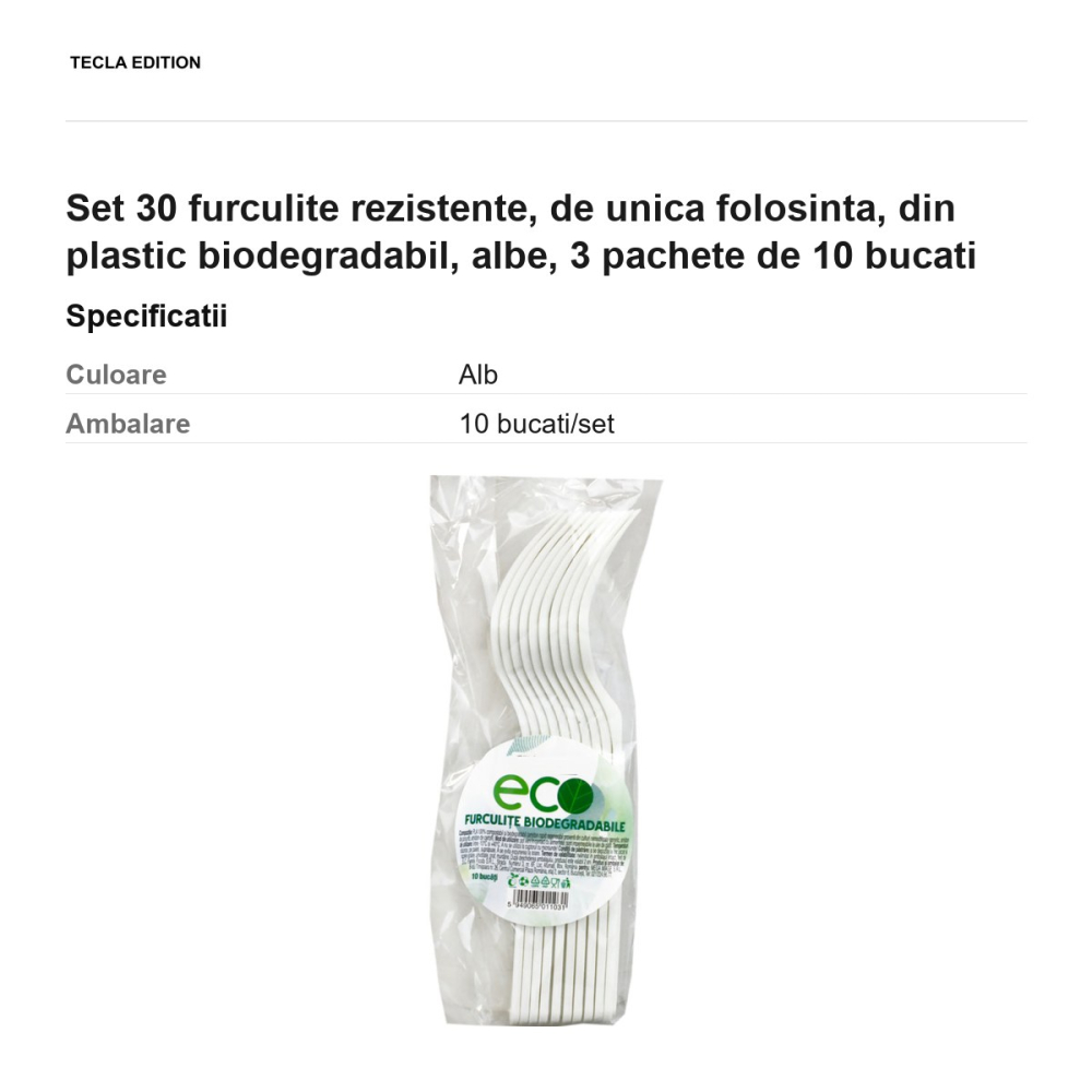 Set 30 furculite rezistente, de unica folosinta, din plastic biodegradabil, albe, 3 pachete de 10 bucati [3]