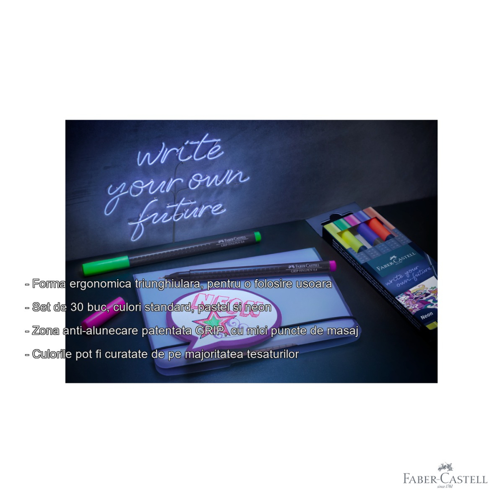 Set 30 linere Faber-Castell Grip 0.4mm, forma ergonomica triunghiulara, culori standard, pastel si neon [2]