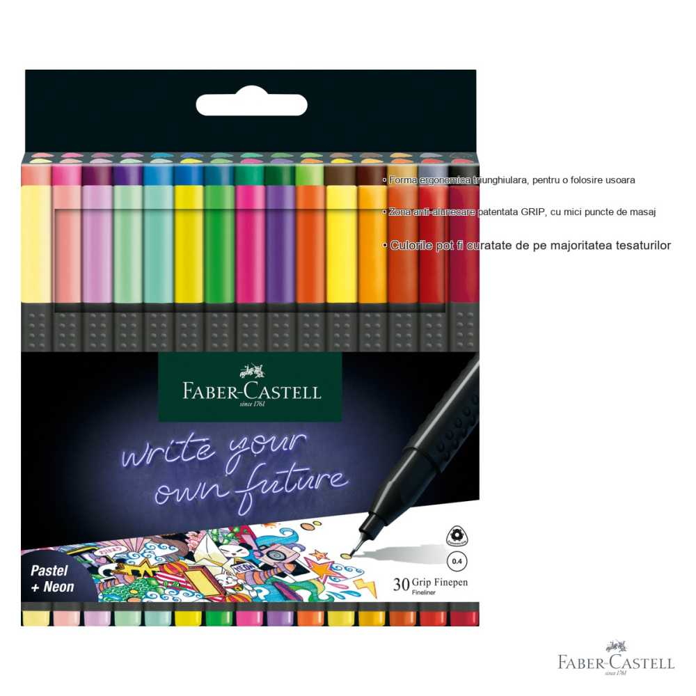 Set 30 linere Faber-Castell Grip 0.4mm, forma ergonomica triunghiulara, culori standard, pastel si neon [3]