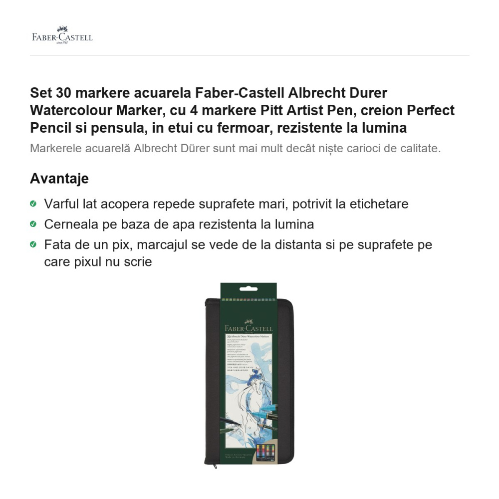 Set 30 markere acuarela Faber-Castell Albrecht Durer Watercolour Marker, cu 4 markere Pitt Artist Pen, creion Perfect Pencil si pensula, in etui cu fermoar, rezistente la lumina [2]