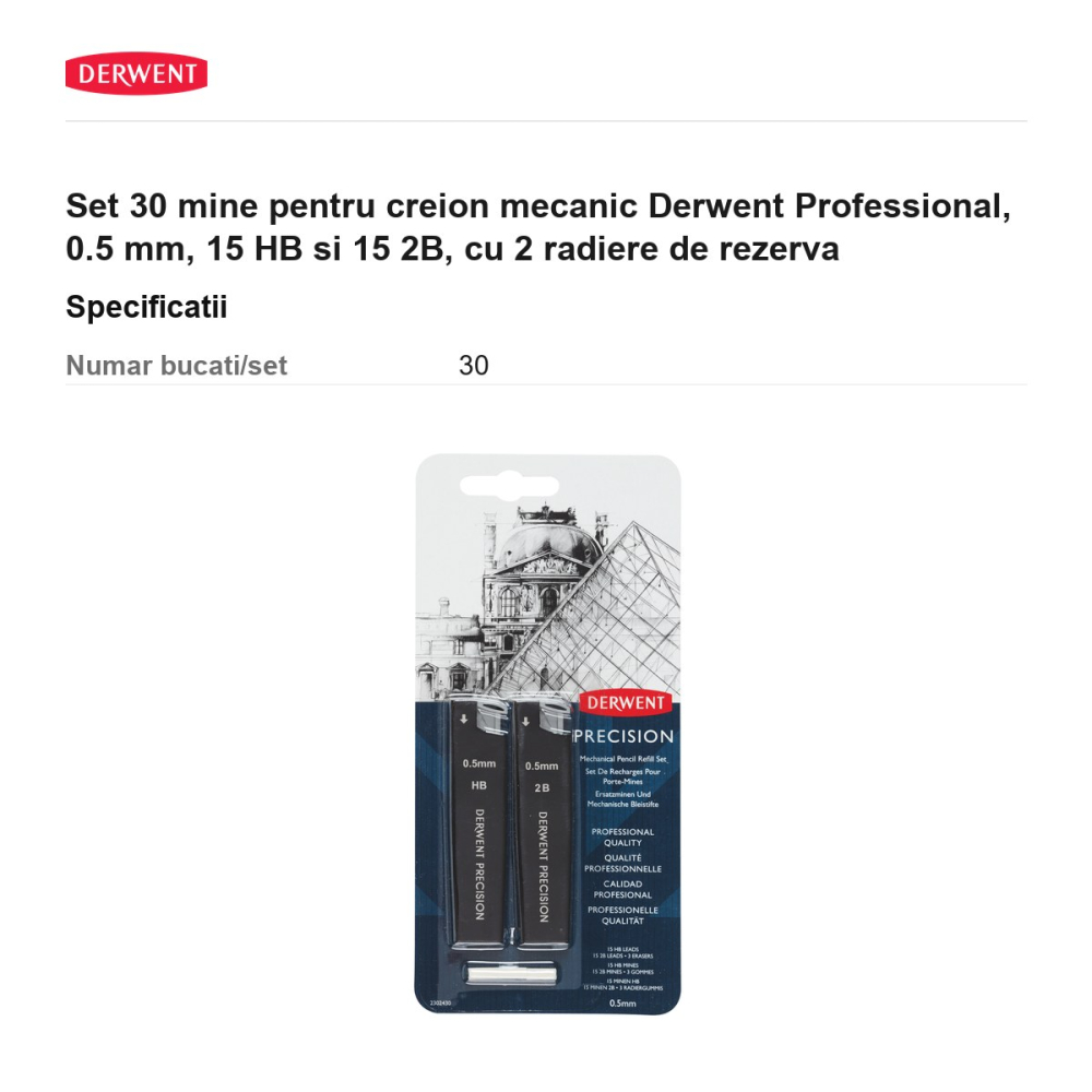 Set 30 mine pentru creion mecanic Derwent Professional, 0.5 mm, 15 HB si 15 2B, cu 2 radiere de rezerva [3]