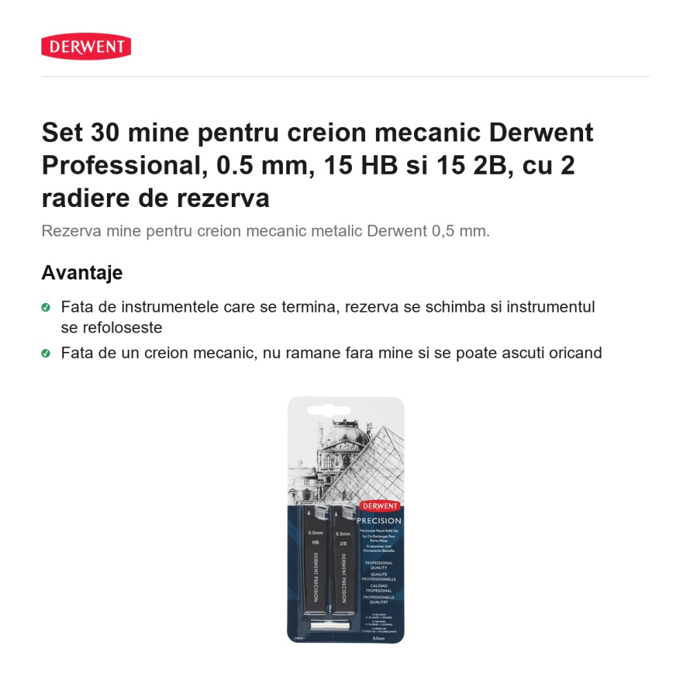 Set 30 mine pentru creion mecanic Derwent Professional, 0.5 mm, 15 HB si 15 2B, cu 2 radiere de rezerva [2]