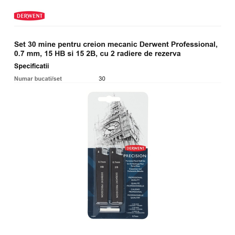 Set 30 mine pentru creion mecanic Derwent Professional, 0.7 mm, 15 HB si 15 2B, cu 2 radiere de rezerva [3]