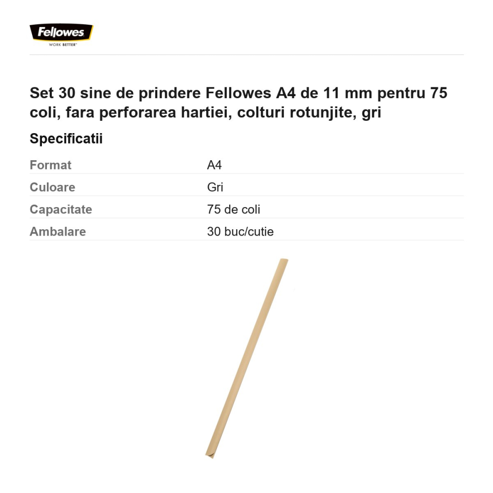 Set 30 sine de prindere Fellowes A4 de 11 mm pentru 75 coli, fara perforarea hartiei, colturi rotunjite, gri [3]