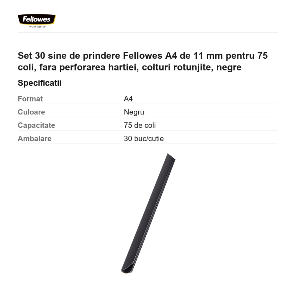 Set 30 sine de prindere Fellowes A4 de 11 mm pentru 75 coli, fara perforarea hartiei, colturi rotunjite, negre [3]