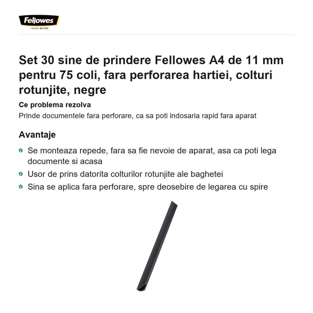Set 30 sine de prindere Fellowes A4 de 11 mm pentru 75 coli, fara perforarea hartiei, colturi rotunjite, negre [2]