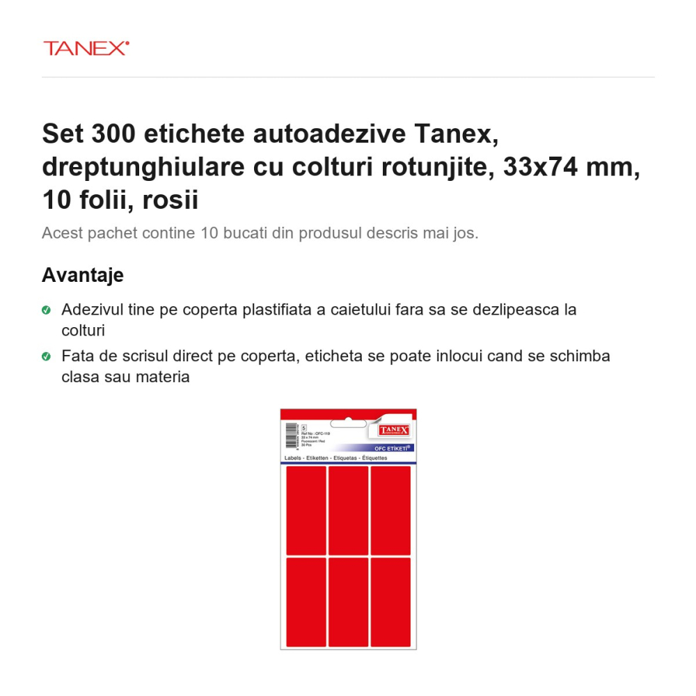 Set 300 etichete autoadezive Tanex, dreptunghiulare cu colturi rotunjite, 33x74 mm, 10 seturi, rosii [2]