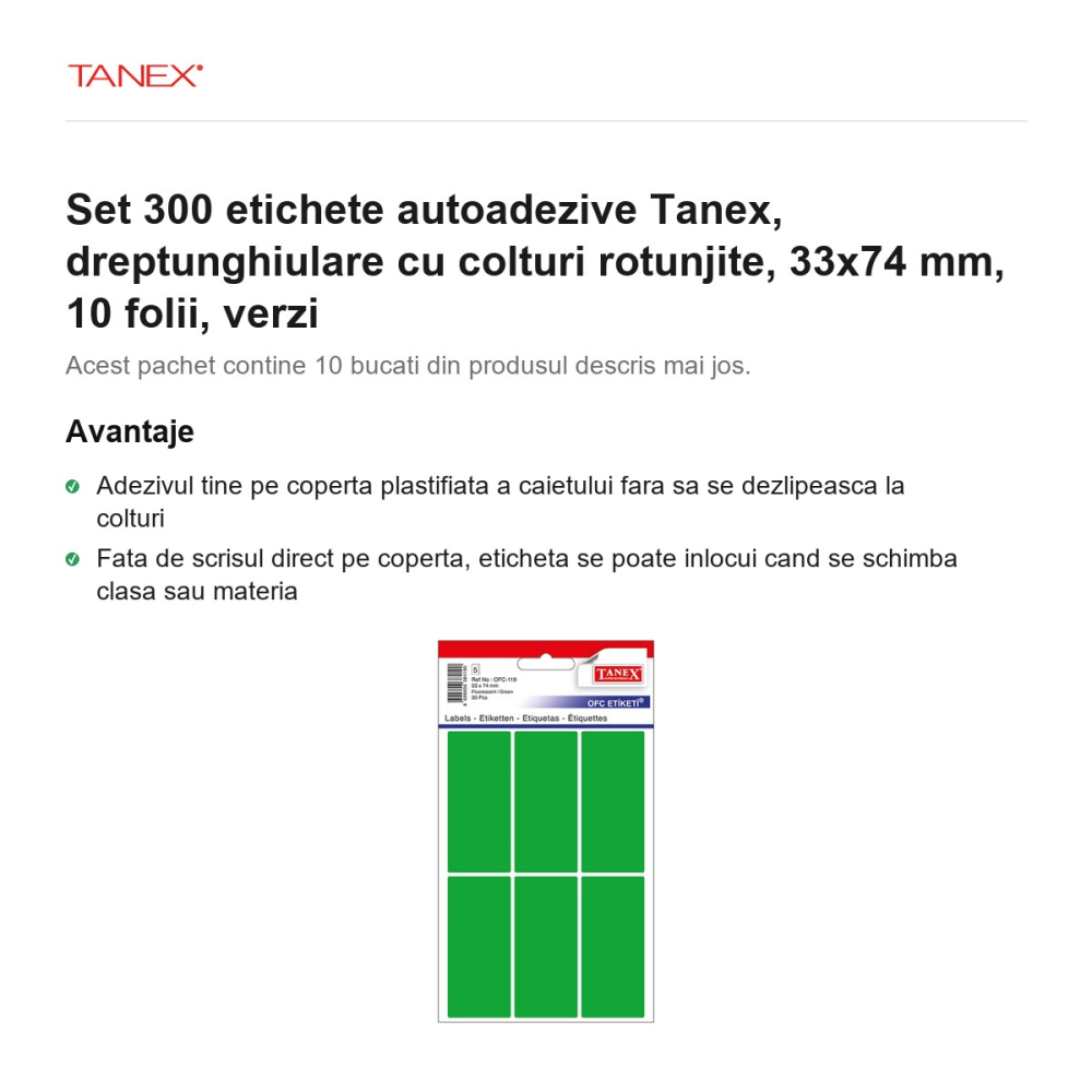 Set 300 etichete autoadezive Tanex, dreptunghiulare cu colturi rotunjite, 33x74 mm, 10 seturi, verzi [2]
