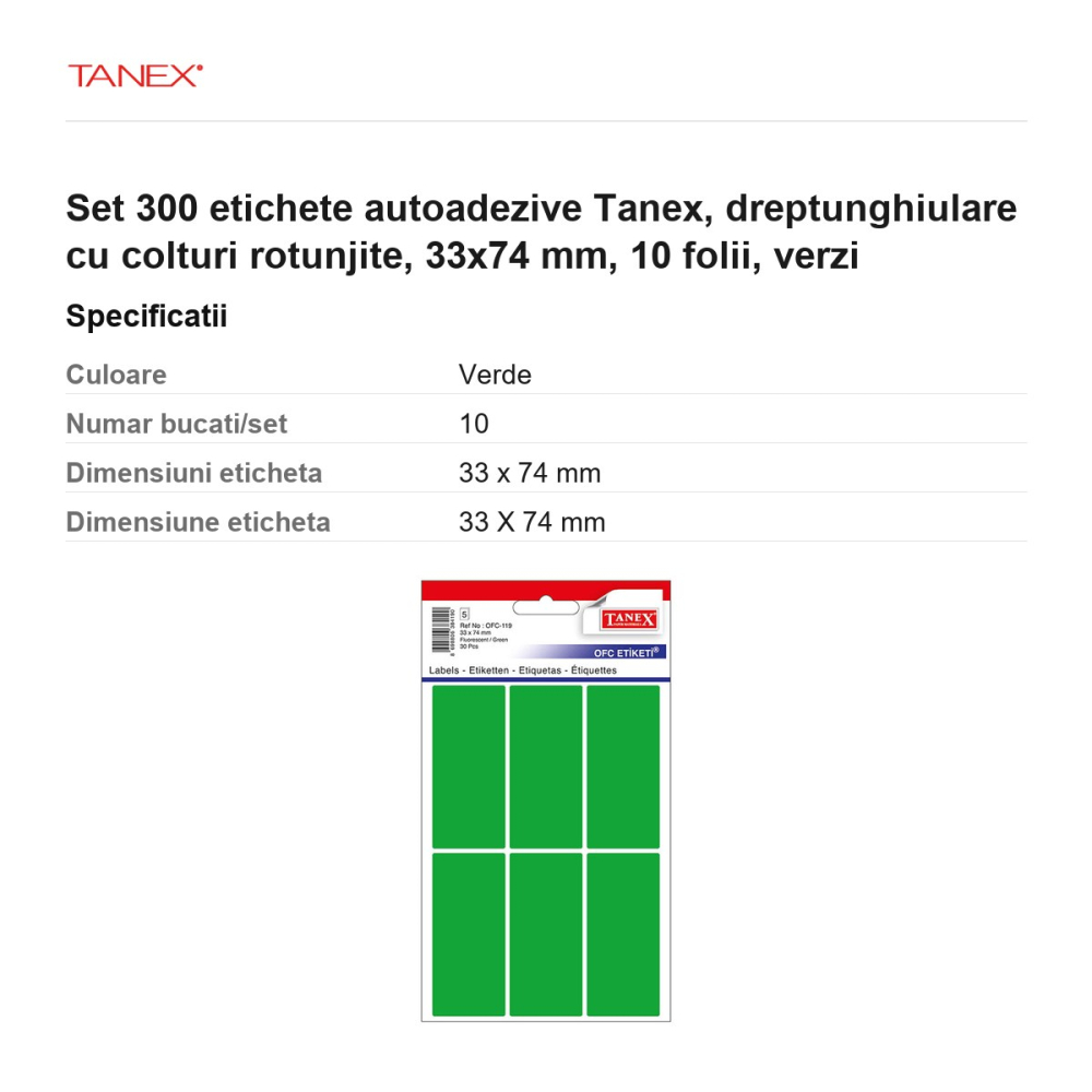 Set 300 etichete autoadezive Tanex, dreptunghiulare cu colturi rotunjite, 33x74 mm, 10 seturi, verzi [3]