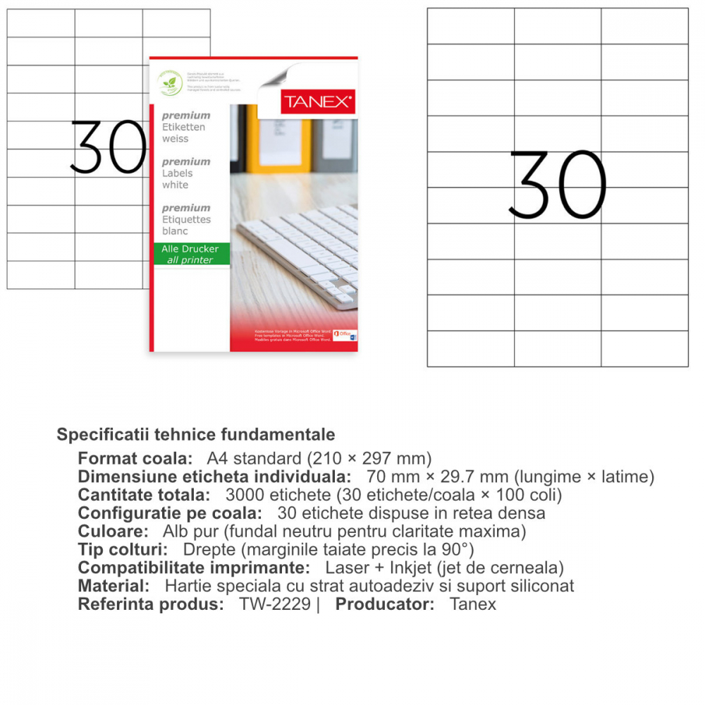 Set 3000 etichete autoadezive A4, 100 coli, 30 etichete/coala, 70x29.7 mm, albe, colturi drepte, pentru imprimante laser si inkjet, Tanex TW-2229 [3]