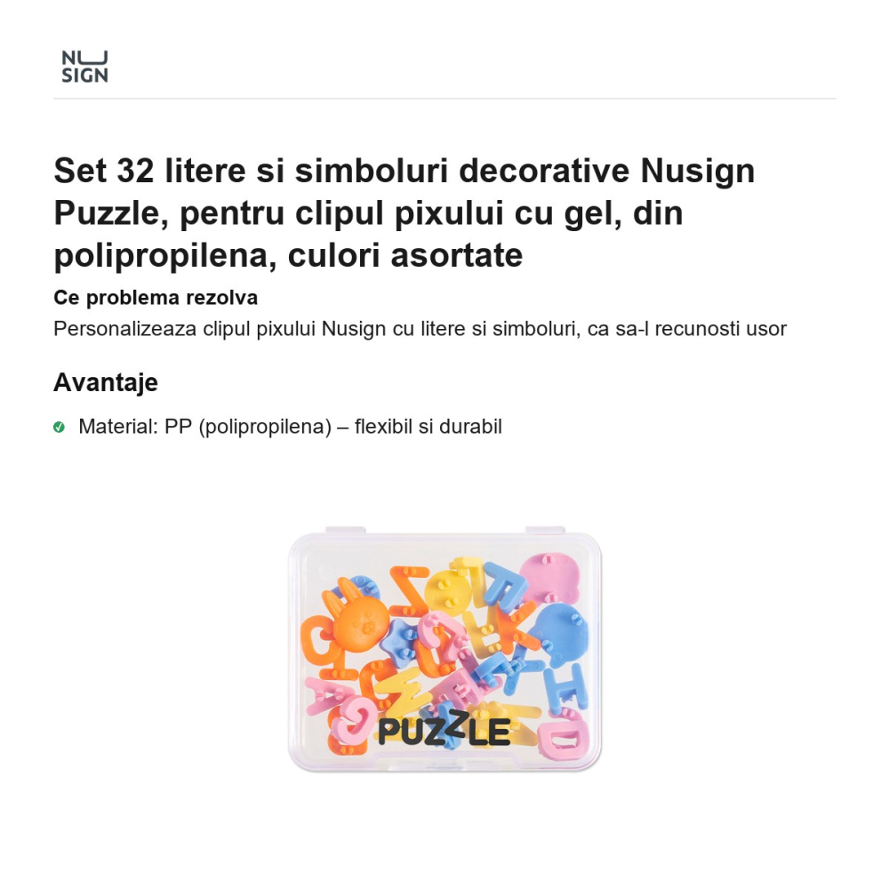 Set 32 litere si simboluri decorative Nusign Puzzle, pentru clipul pixului cu gel, din polipropilena, culori asortate [2]