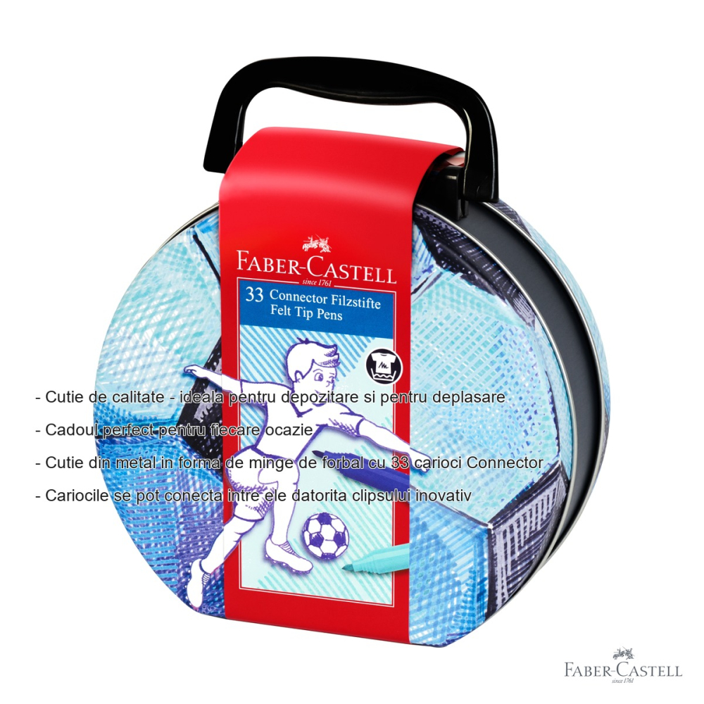 Set 33 carioci Connector Faber-Castell, cutie metalica minge de fotbal, culori intense pentru copii [2]
