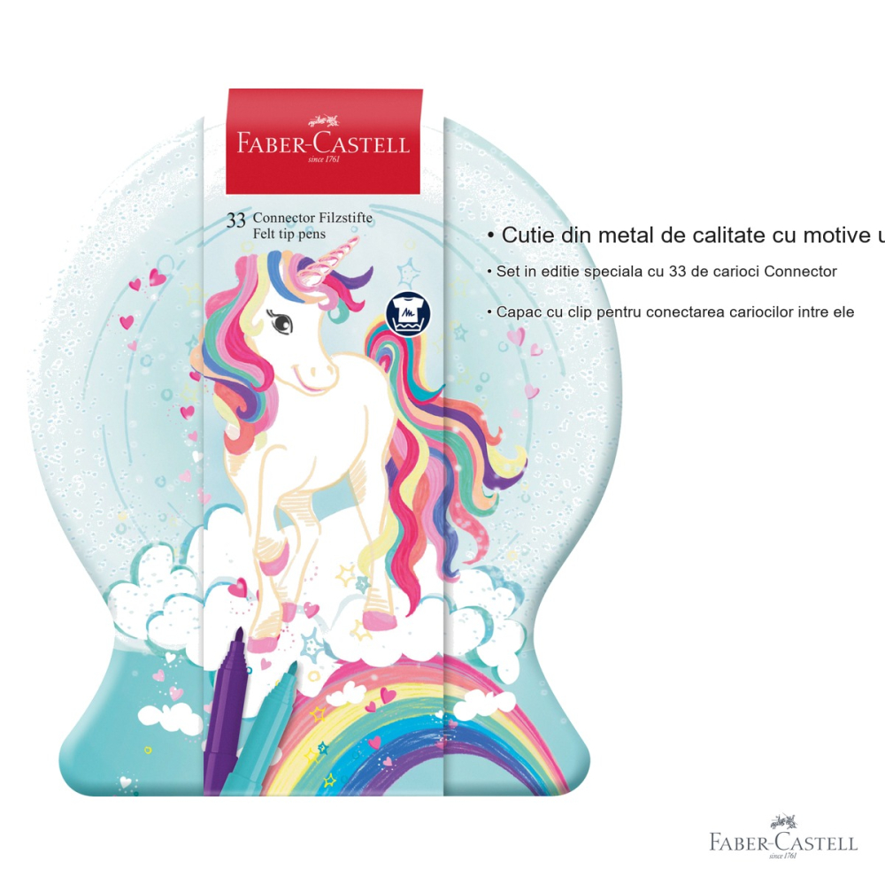 Set 33 carioci Faber-Castell Connector, editie speciala Unicorni, cutie metalica, pentru copii [3]