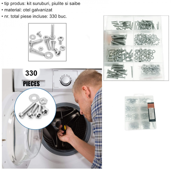 Set 330 suruburi, piulite si saibe, K-SC1 30447, din otel galvanizat, in organizator cu capac snap-on [6]