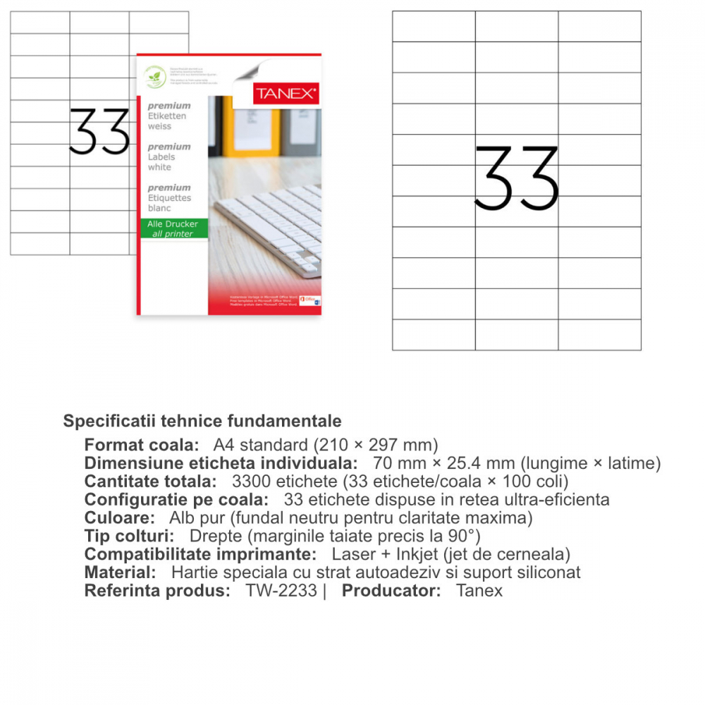Set 3300 etichete autoadezive A4, 100 coli, 33 etichete/coala, 70x25.4 mm, albe, colturi drepte, pentru imprimante laser si inkjet, Tanex TW-2233 [3]