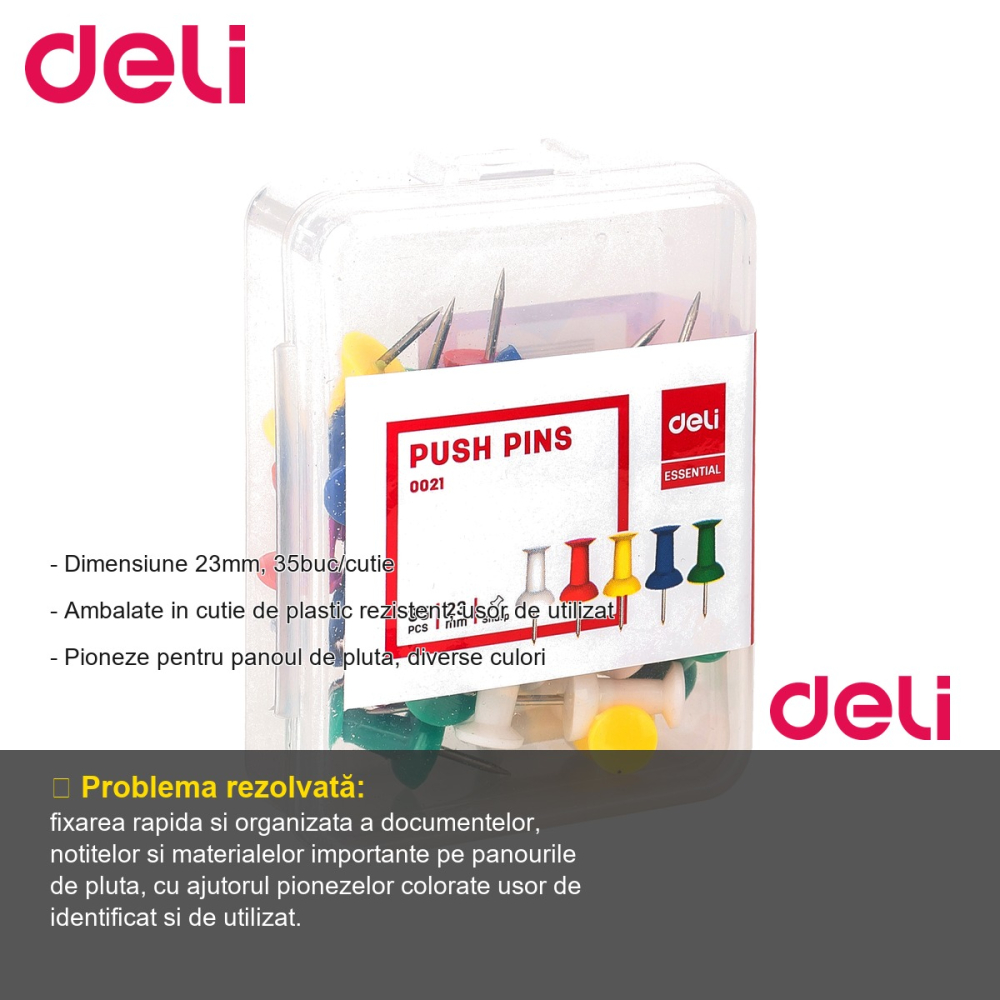 Set 35 pioneze colorate Deli pentru panou pluta, dimensiune 23mm, diverse culori [2]