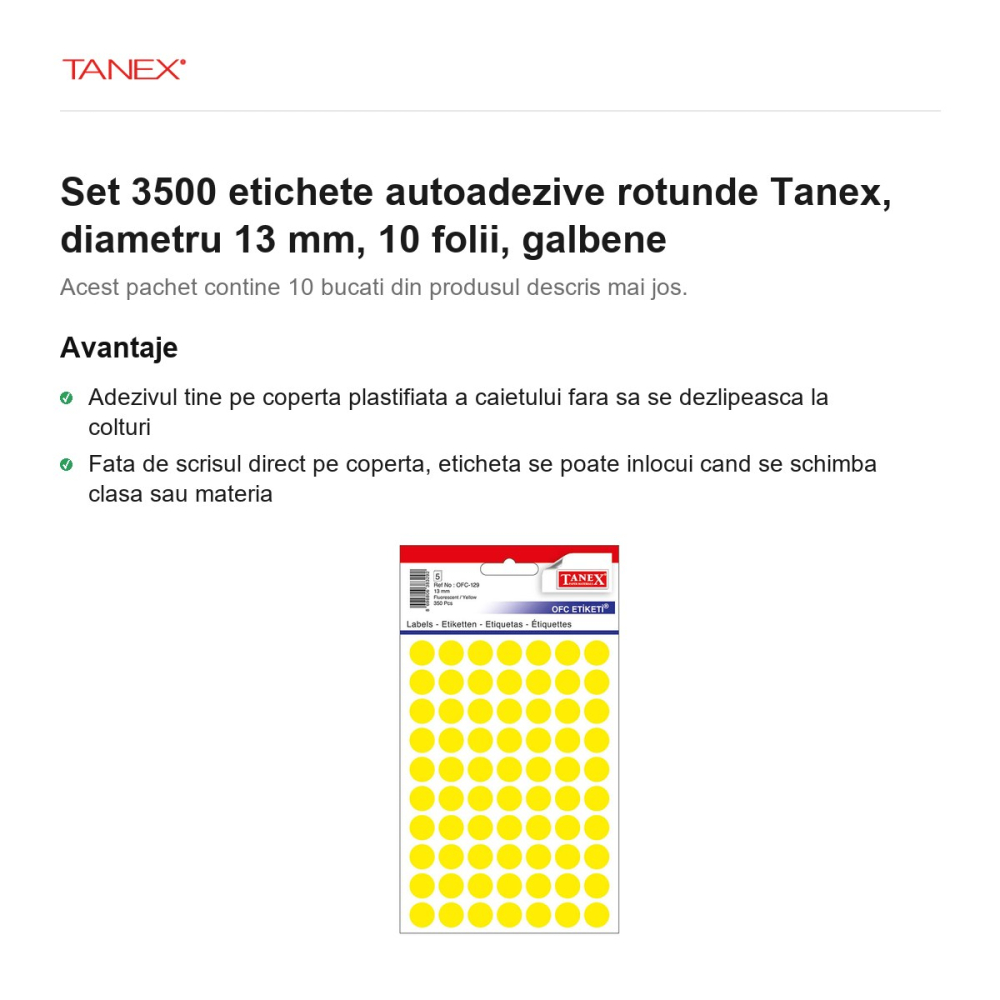 Set 3500 etichete autoadezive rotunde Tanex, diametru 13 mm, 10 seturi, galbene [2]