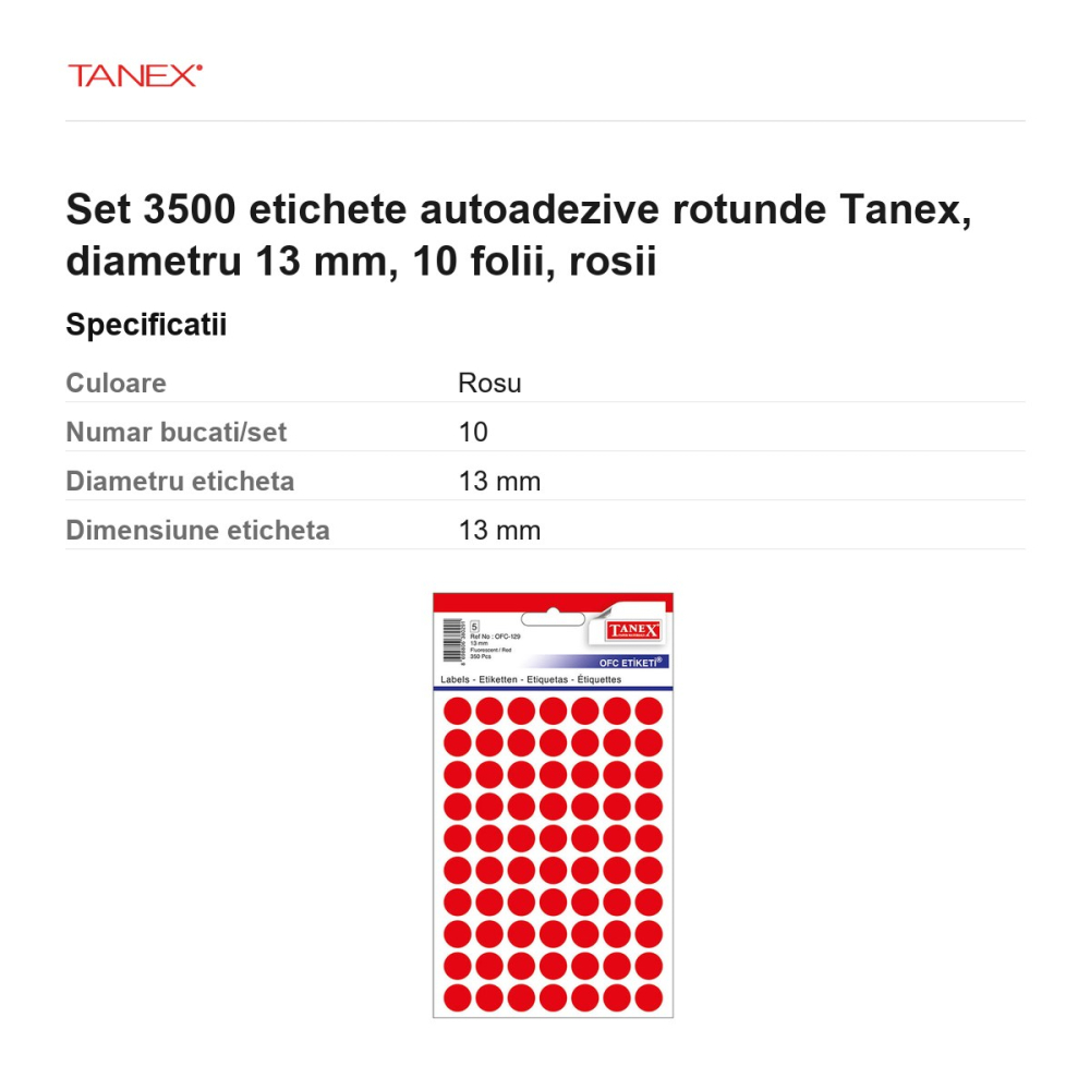 Set 3500 etichete autoadezive rotunde Tanex, diametru 13 mm, 10 seturi, rosii [3]
