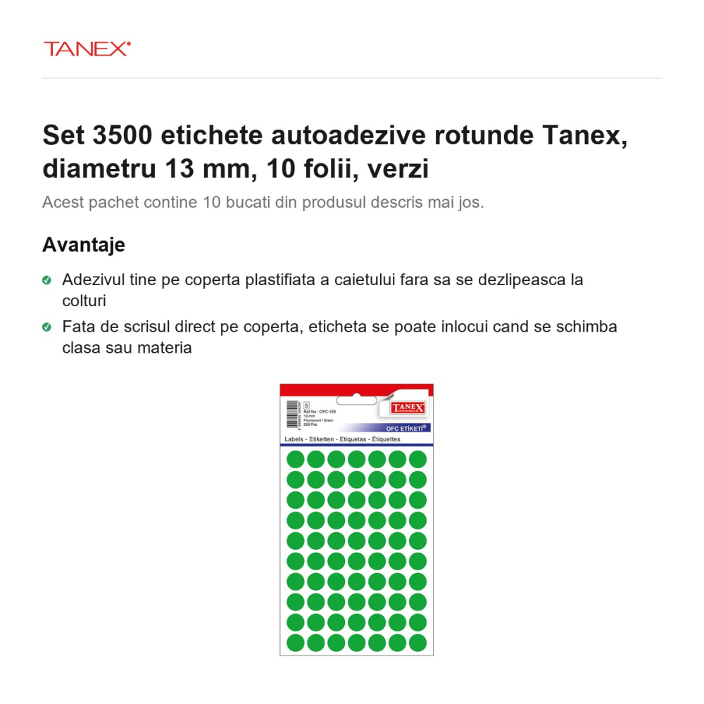 Set 3500 etichete autoadezive rotunde Tanex, diametru 13 mm, 10 seturi, verzi [2]
