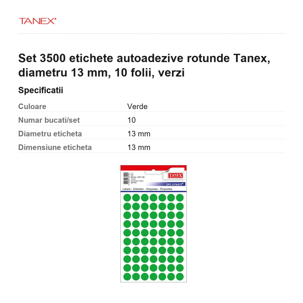 Set 3500 etichete autoadezive rotunde Tanex, diametru 13 mm, 10 seturi, verzi [3]
