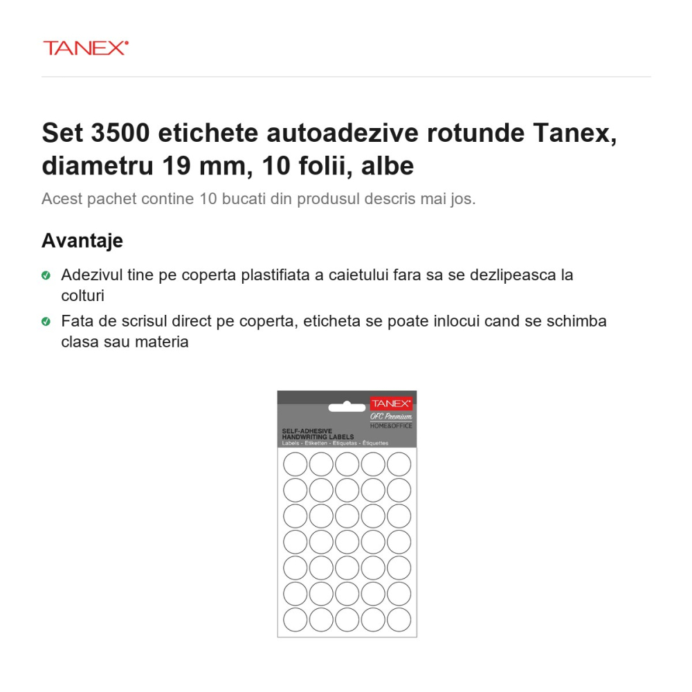 Set 3500 etichete autoadezive rotunde Tanex, diametru 19 mm, 10 seturi, albe [2]