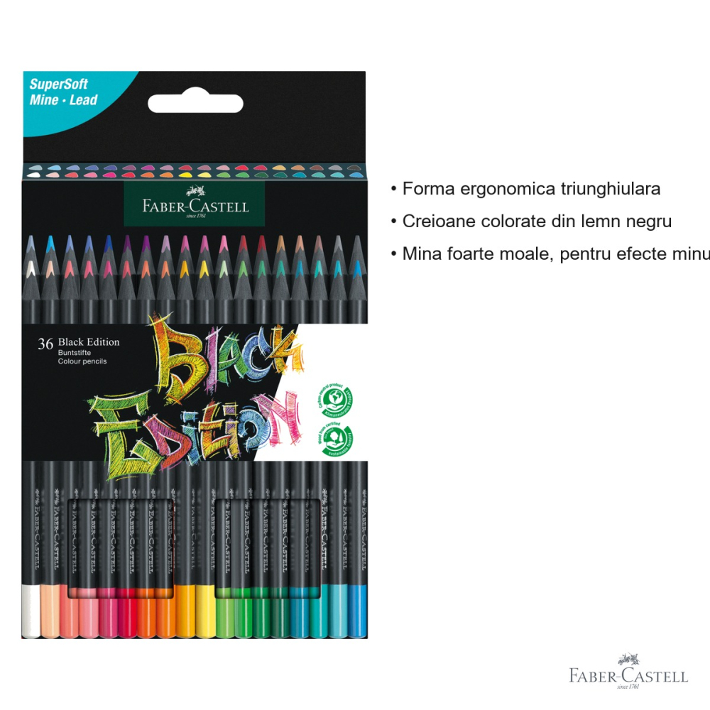 Set 36 creioane colorate Faber-Castell Black Edition, mina foarte moale, pentru desen artistic si suprafete inchise [3]