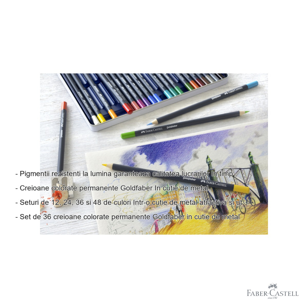 Set 36 creioane colorate Faber-Castell Goldfaber, mina moale pigmenti rezistenti la lumina, cutie metal [2]