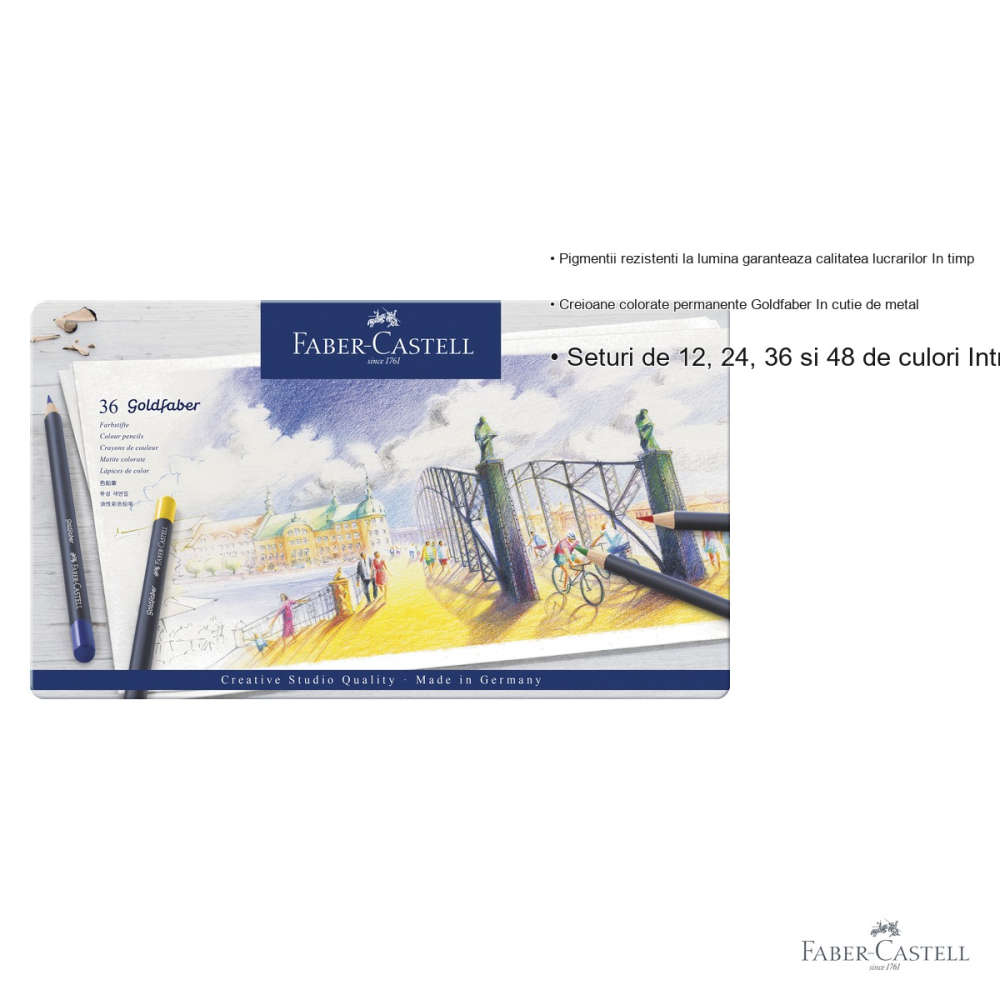 Set 36 creioane colorate Faber-Castell Goldfaber, mina moale pigmenti rezistenti la lumina, cutie metal [3]