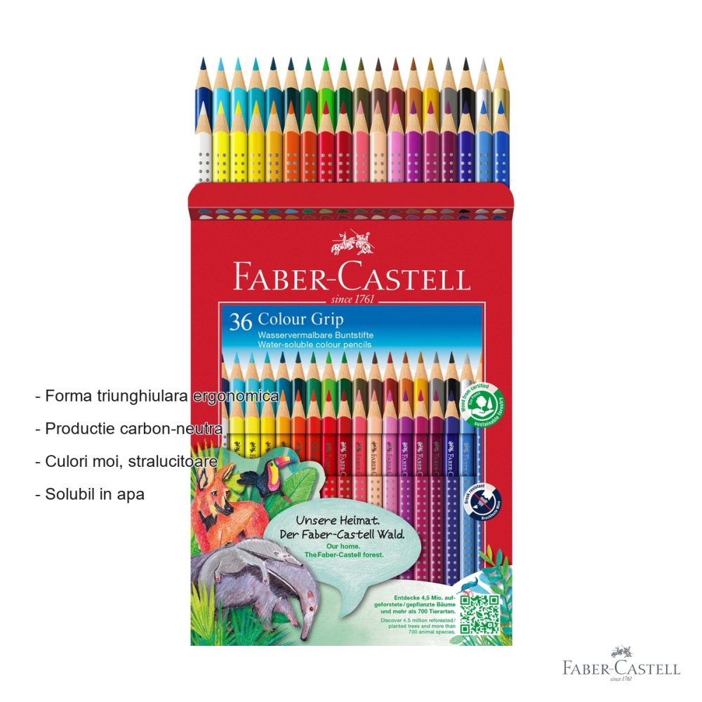 Set 36 creioane colorate Faber-Castell Grip 2001, forma triunghiulara ergonomica, solubile in apa, pentru copii si adolescenti [2]