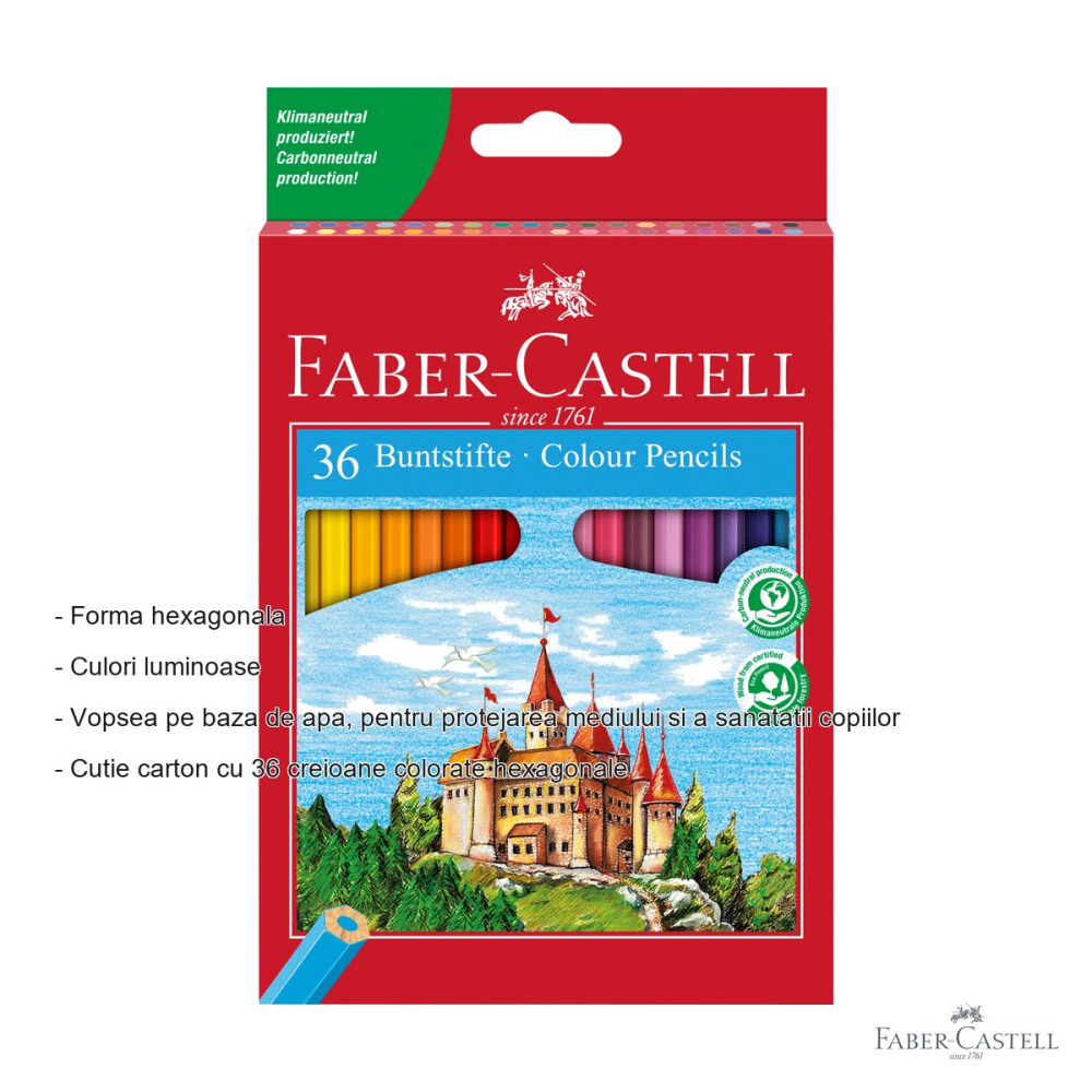 Set 36 creioane colorate hexagonale Faber-Castell, culori stralucitoare, pentru scoala si desen [2]