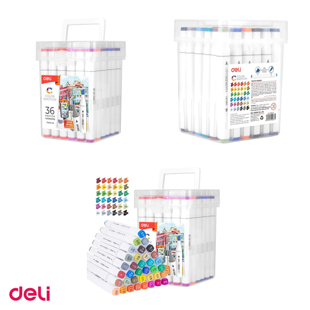 Set 36 markere pentru schite Deli Sketch, varf dublu rotund 1 mm si tesit 7 mm, in cutie de plastic [4]
