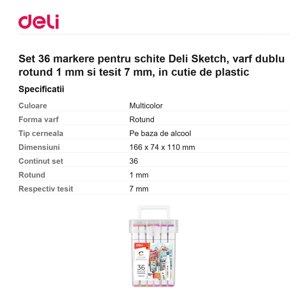 Set 36 markere pentru schite Deli Sketch, varf dublu rotund 1 mm si tesit 7 mm, in cutie de plastic [3]