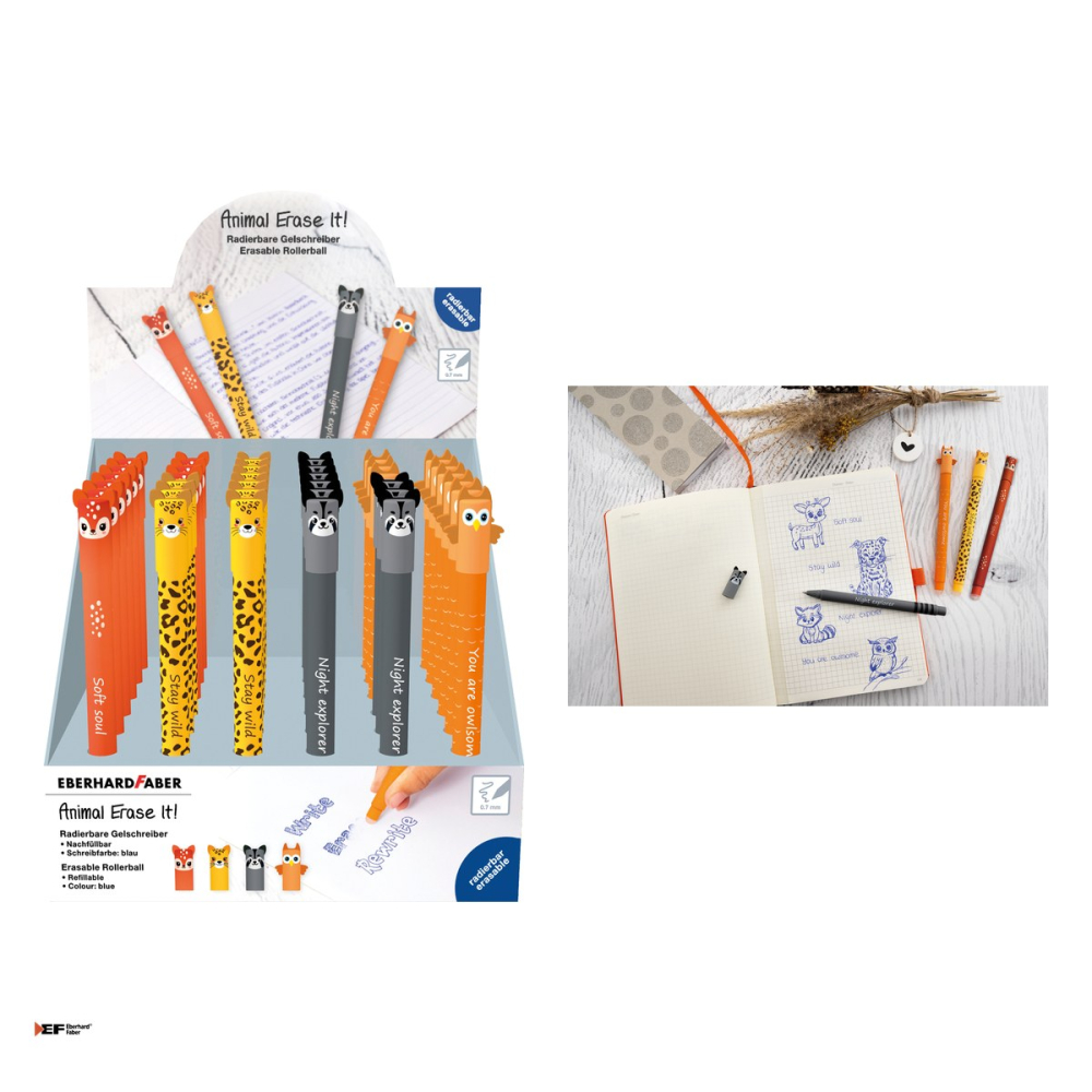 Set 36 pixuri cu gel Eberhard Faber Animal Erase it!, modele bufnita, caprioara, raton si leopard, 0,7 mm, albastru, reincarcabile, se pot sterge [4]