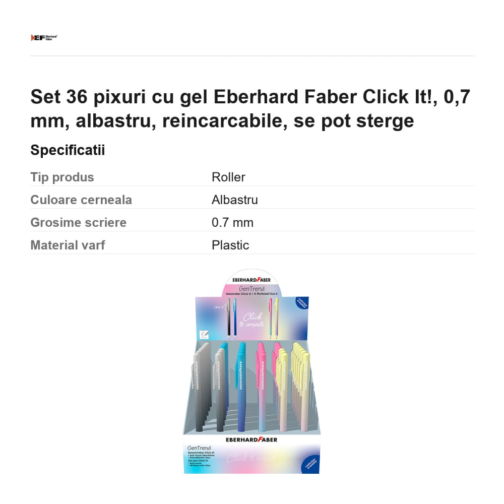 Set 36 pixuri cu gel Eberhard Faber Click It!, 0,7 mm, albastru, reincarcabile, se pot sterge [3]