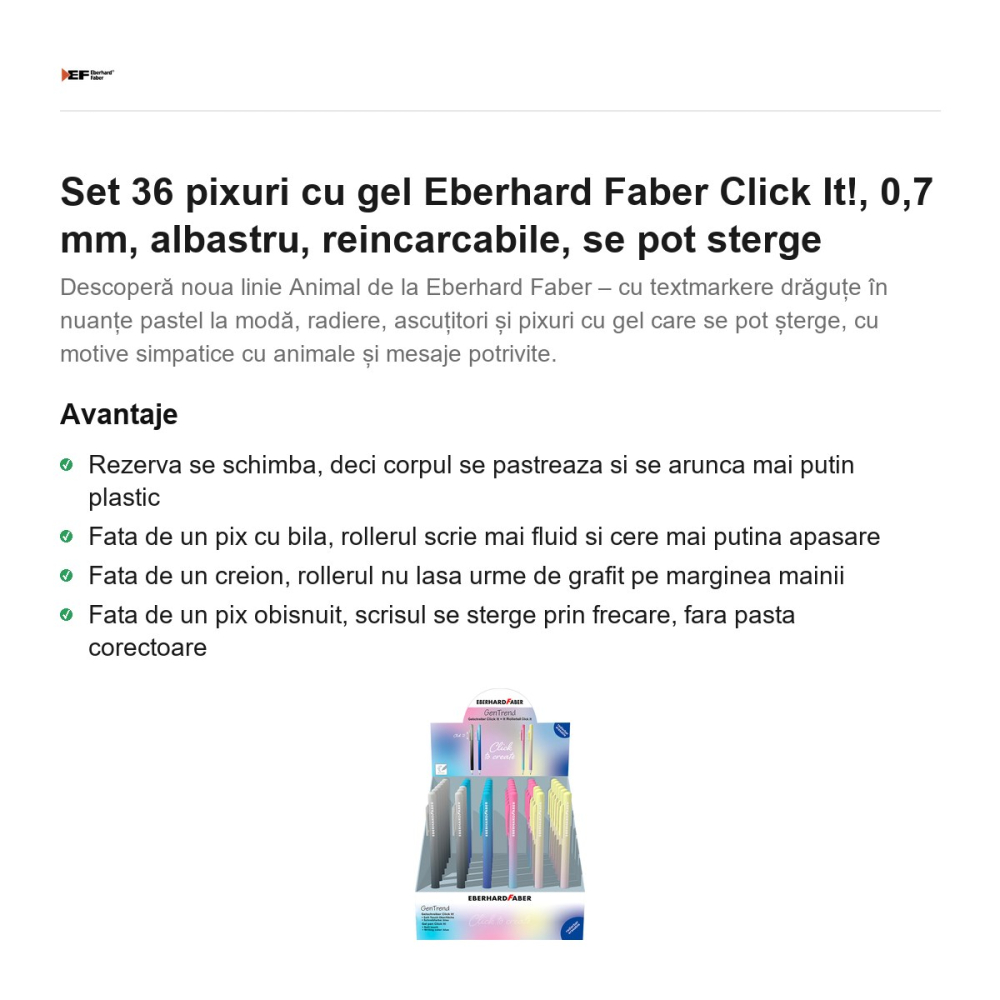 Set 36 pixuri cu gel Eberhard Faber Click It!, 0,7 mm, albastru, reincarcabile, se pot sterge [2]