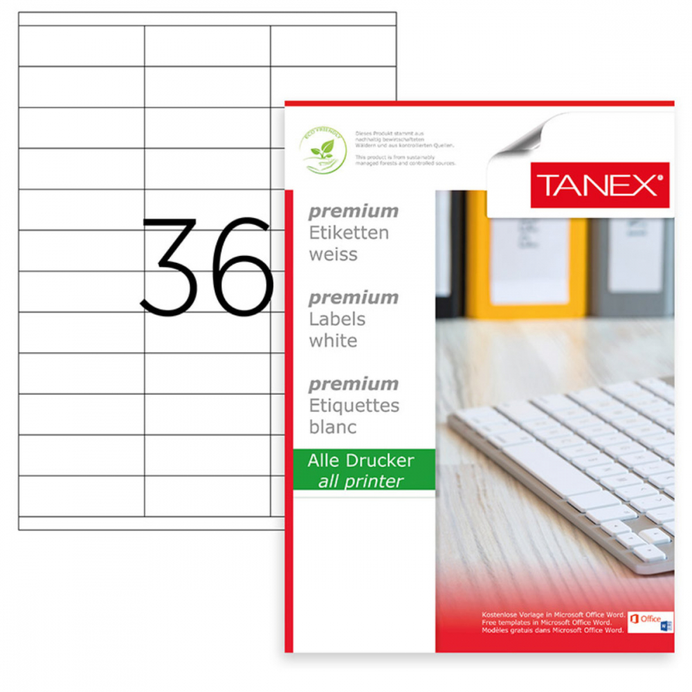 Set 3600 etichete autoadezive A4, 100 coli, 36 etichete/coala, 70x23 mm, albe, colturi drepte, pentru imprimante laser si inkjet, Tanex TW-2433 [1]