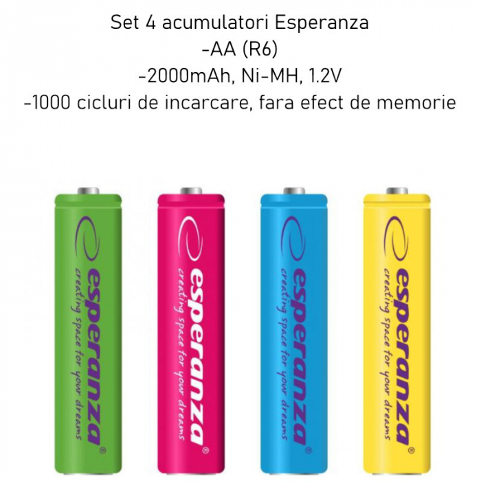 Set 4 acumulatori AA (R6) Esperanza 92344, 2000mAh, Ni-MH, 1.2V, reincarcabili, colorati [4]