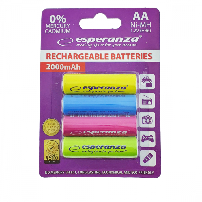 Set 4 acumulatori AA (R6) Esperanza 92344, 2000mAh, Ni-MH, 1.2V, reincarcabili, colorati [2]