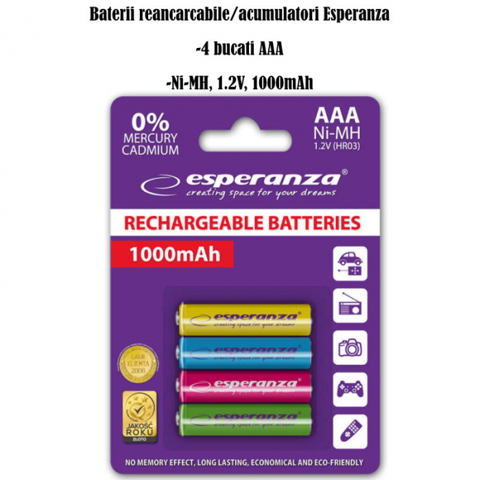 Set 4 acumulatori AAA R3 Esperanza 92343, 1000mAh, Ni-MH, 1.2V, reincarcabili, multicolor [4]
