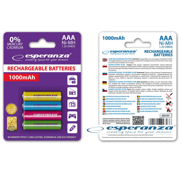Set 4 acumulatori AAA R3 Esperanza 92343, 1000mAh, Ni-MH, 1.2V, reincarcabili, multicolor [3]
